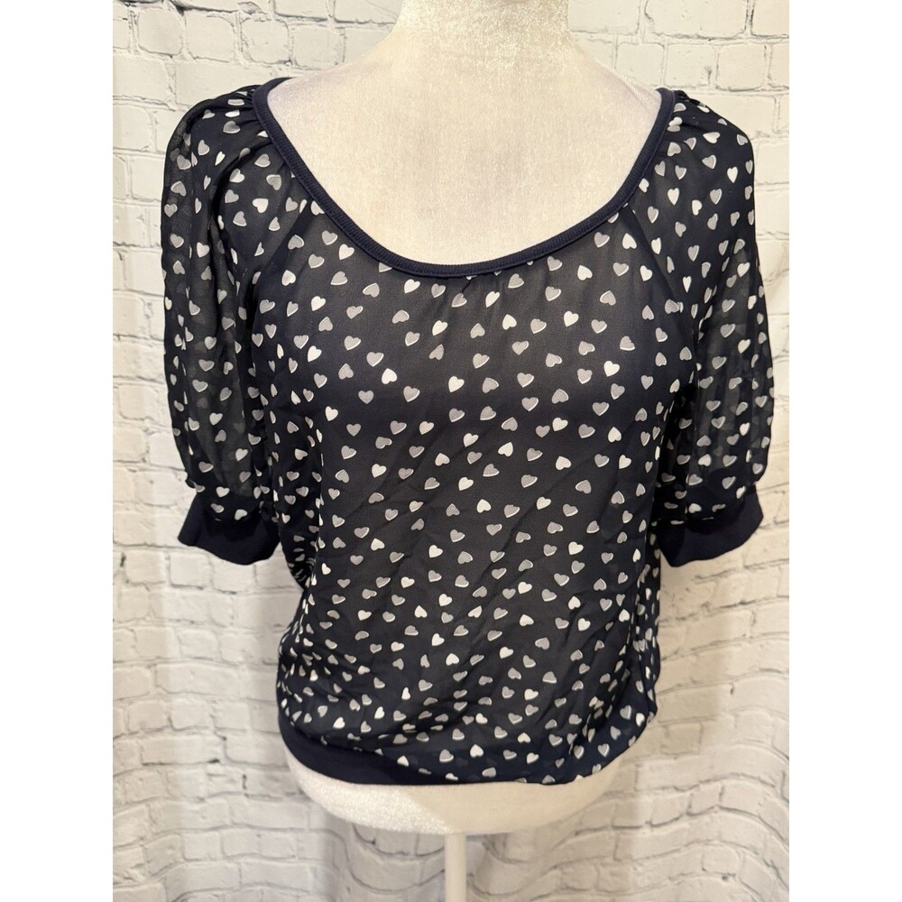 Aeropostale sheer blue Short Sleeve blouse With Small white hearts Size Small